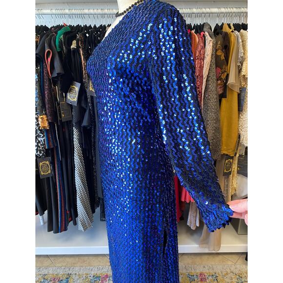 vintage 1980s metallic blue sequin one shoulder fitted gown by Climax, medium - Picture 6 of 10